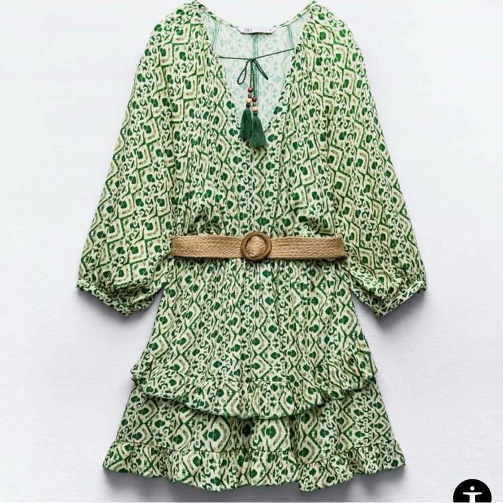 NWT Green Zara Mosaic Long-Sleeve Dress with Raffia Belt Size L